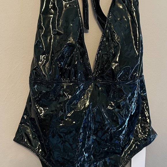 NWT WDIRARA Women's Deep V-Neck Halter-Top PU Leather Skinny Bodysuit Size S - Picture 7 of 16